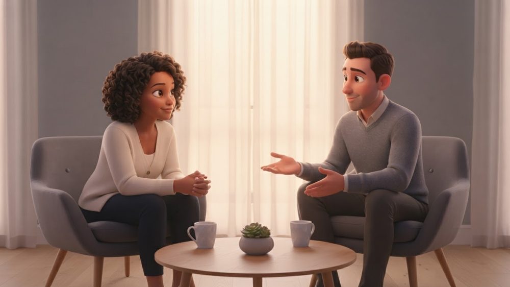 Two people in armchairs talking over tea, in a warm animated style.
